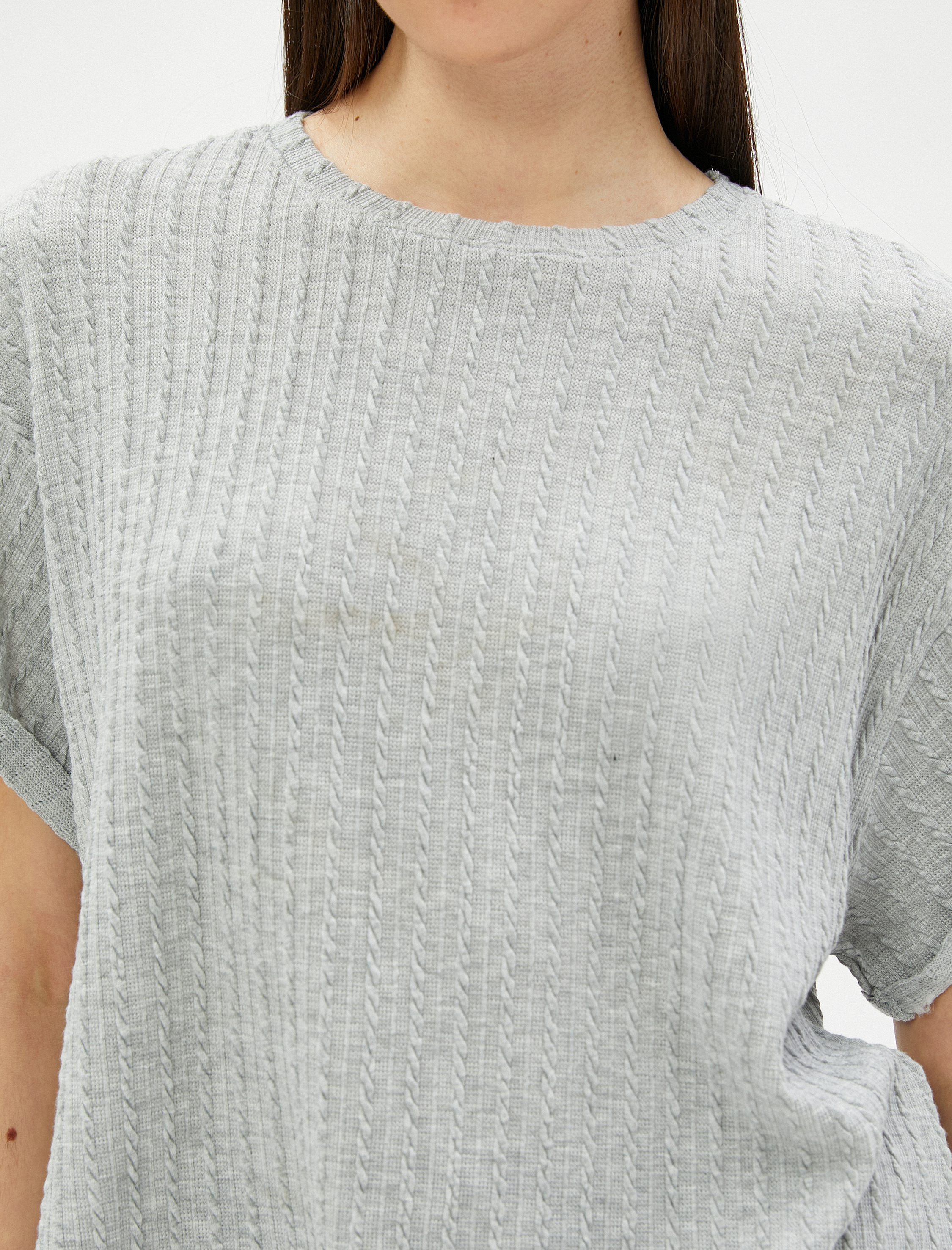   Crop Tişört Kısa Kollu Örgü Motifli