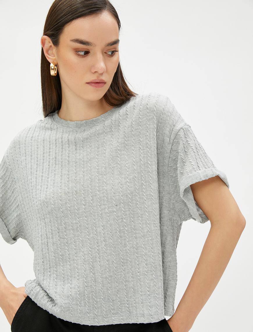   Crop Tişört Kısa Kollu Örgü Motifli