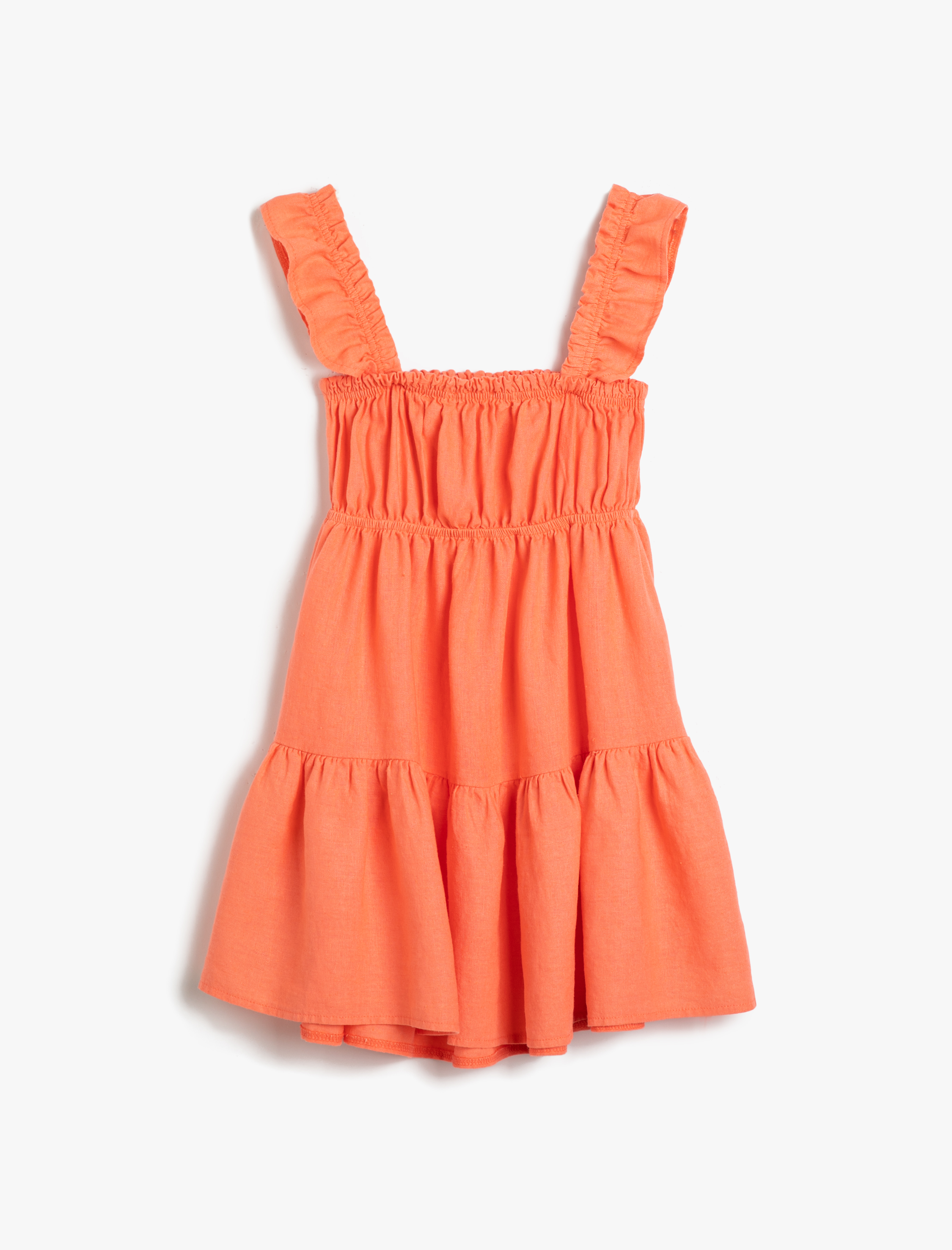  Kız Çocuk Keten Elbise Fırfırlı Askılı Kare Yaka