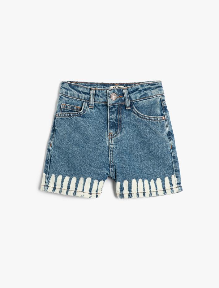 Kız Çocuk Kot Şort Renk Kontrastlı Pamuklu Cepli