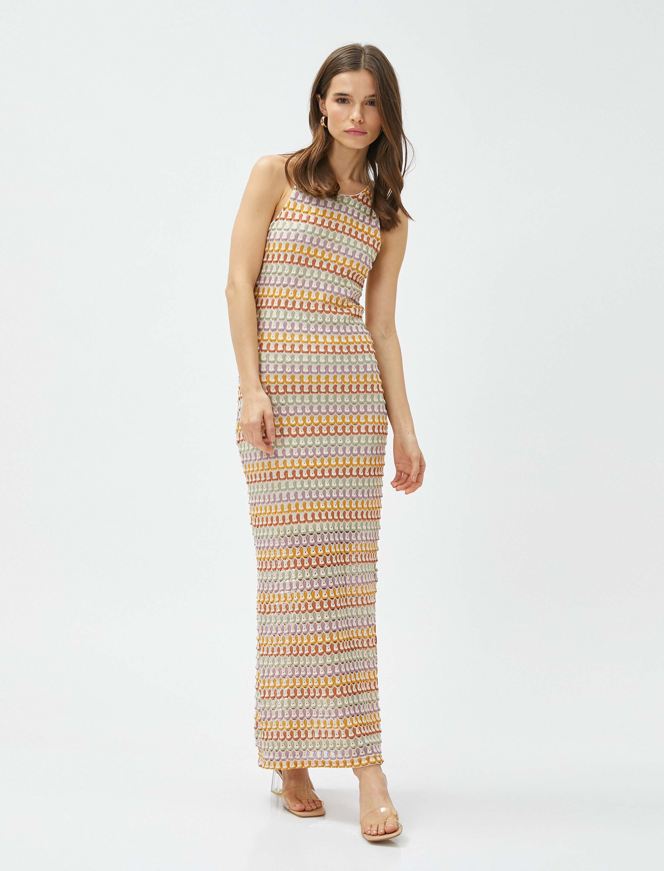   Kroşe Uzun Elbise Halter Yaka Dar Kesim