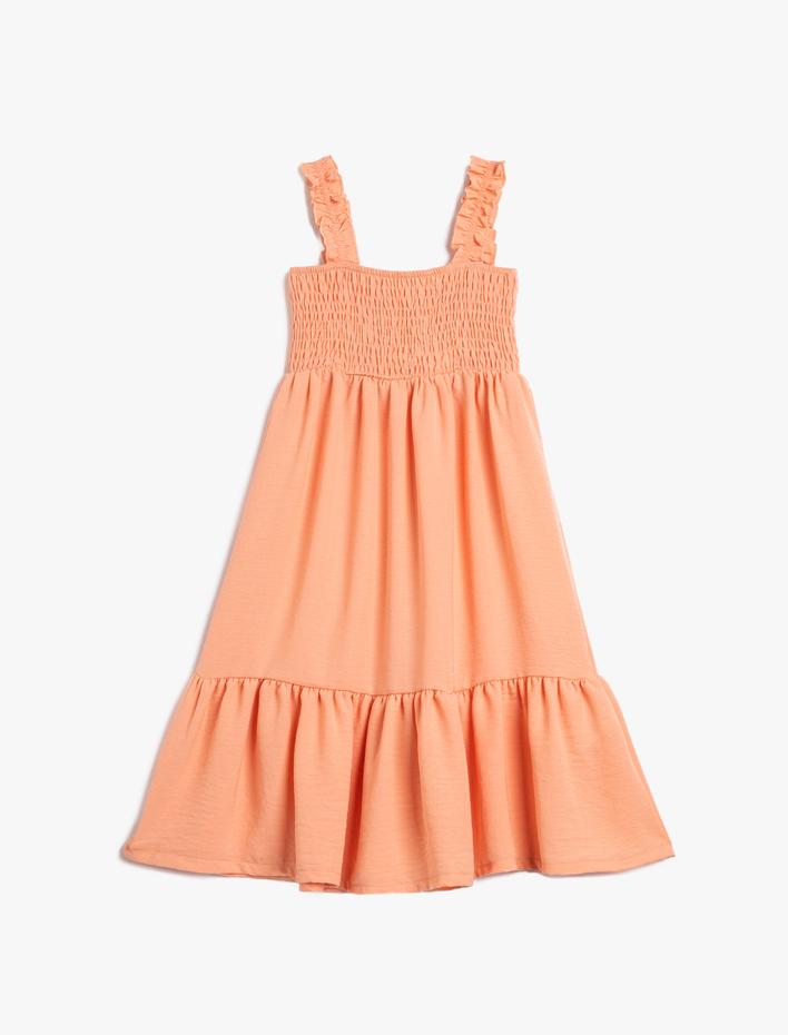 Kız Çocuk Midi Elbise Fırfırlı Askılı Gipe Detaylı