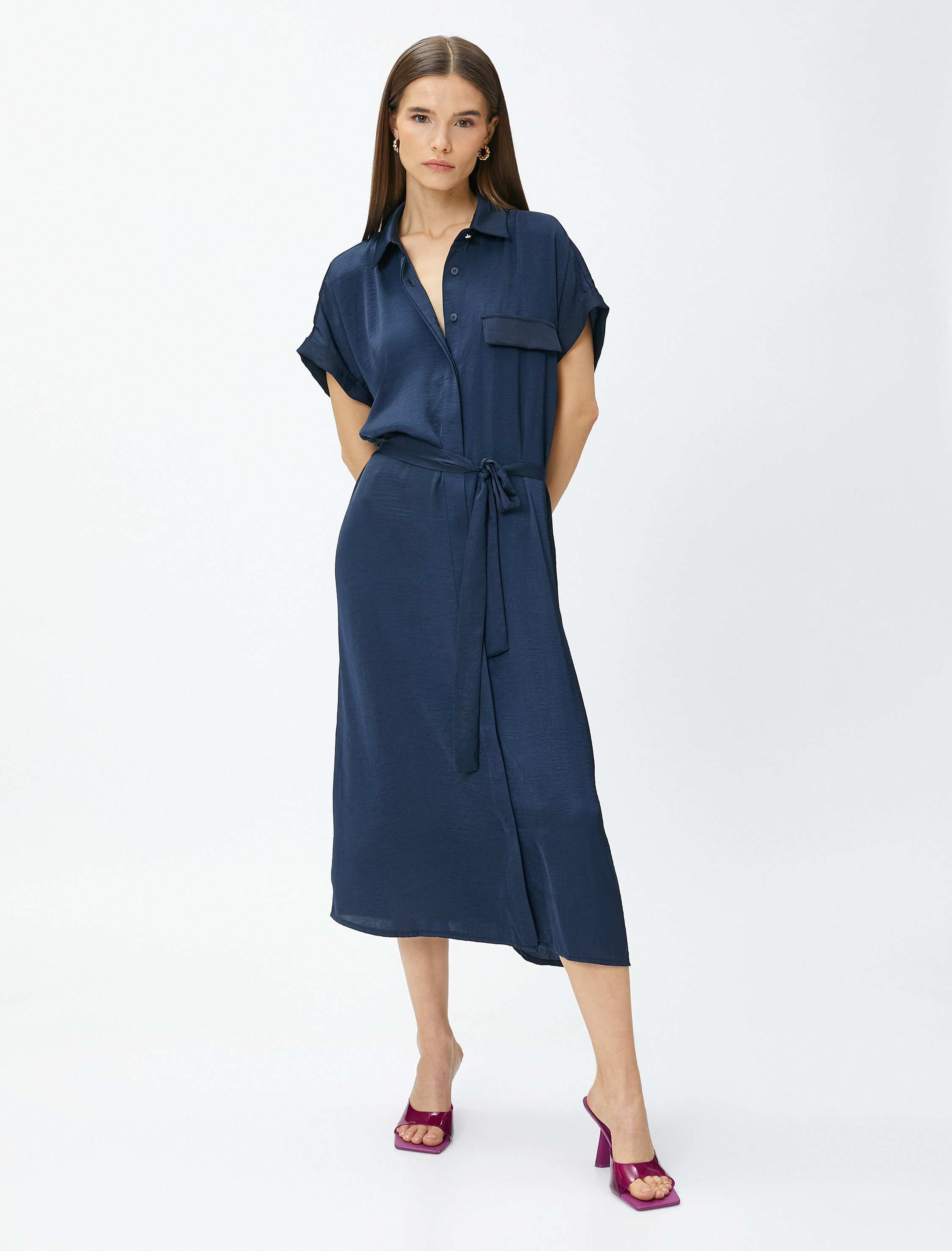   Oversize Midi Gömlek Elbise Kemerli