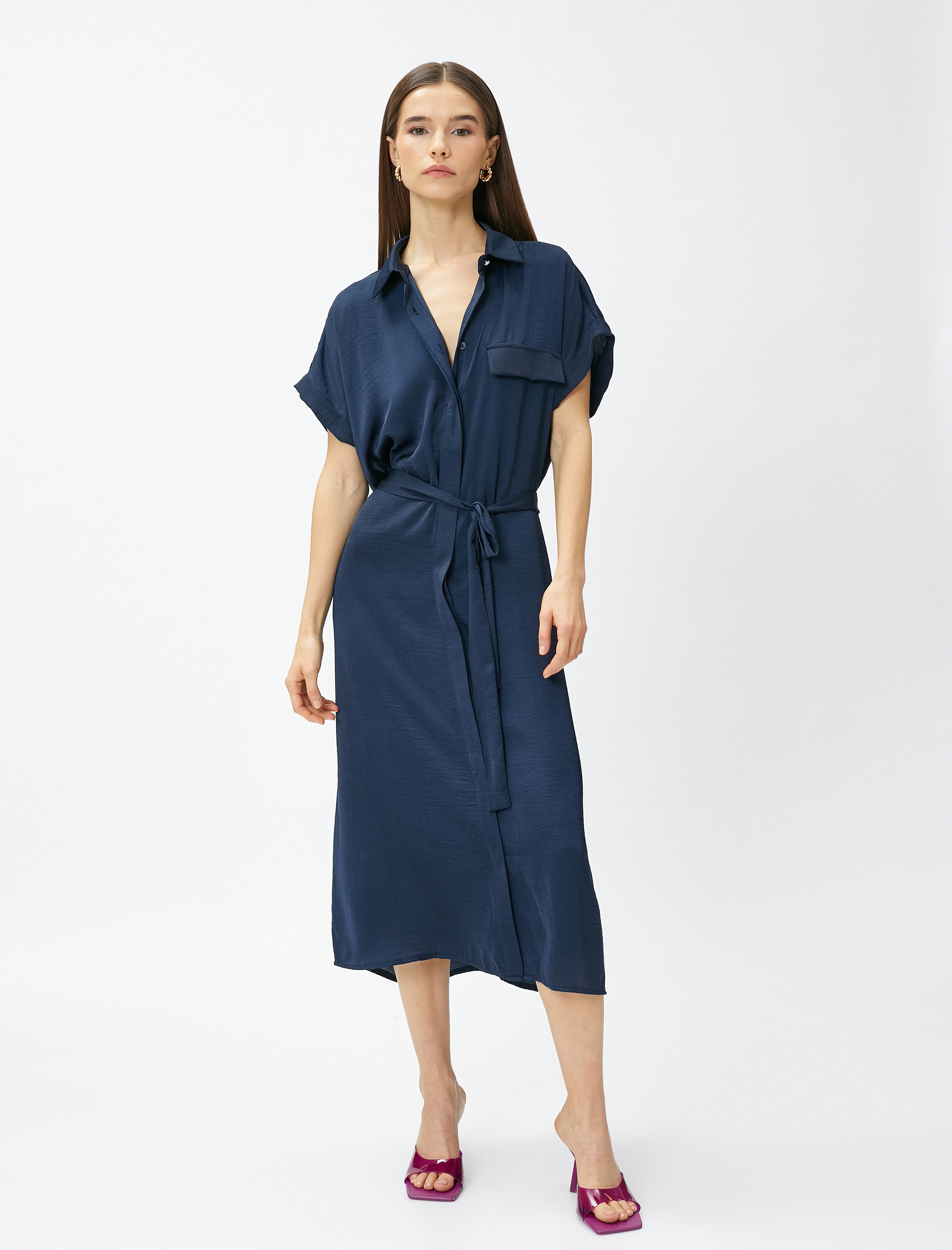   Oversize Midi Gömlek Elbise Kemerli