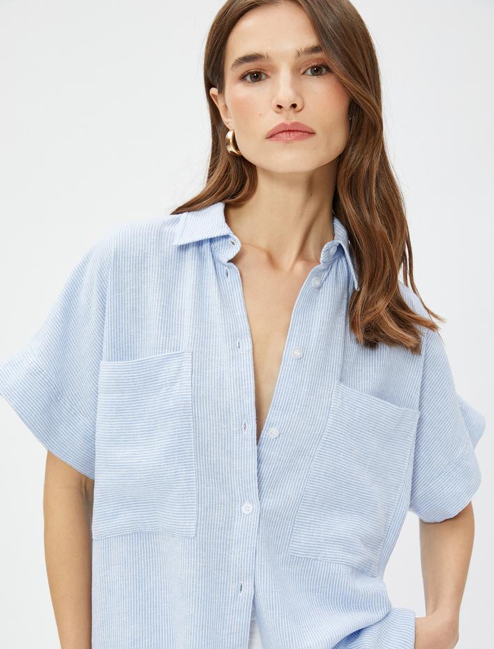  Keten Gömlek Kısa Kollu Cepli