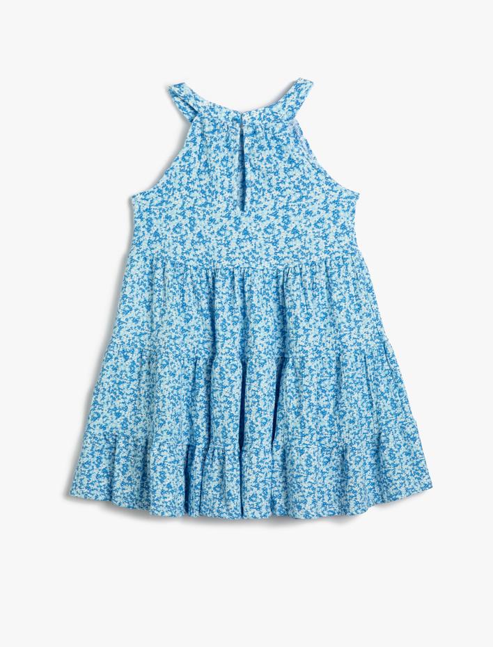 Kız Çocuk Midi Elbise Çiçekli Halter Yaka Kolsuz Katlı