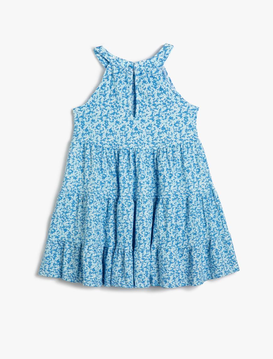  Kız Çocuk Midi Elbise Çiçekli Halter Yaka Kolsuz Katlı