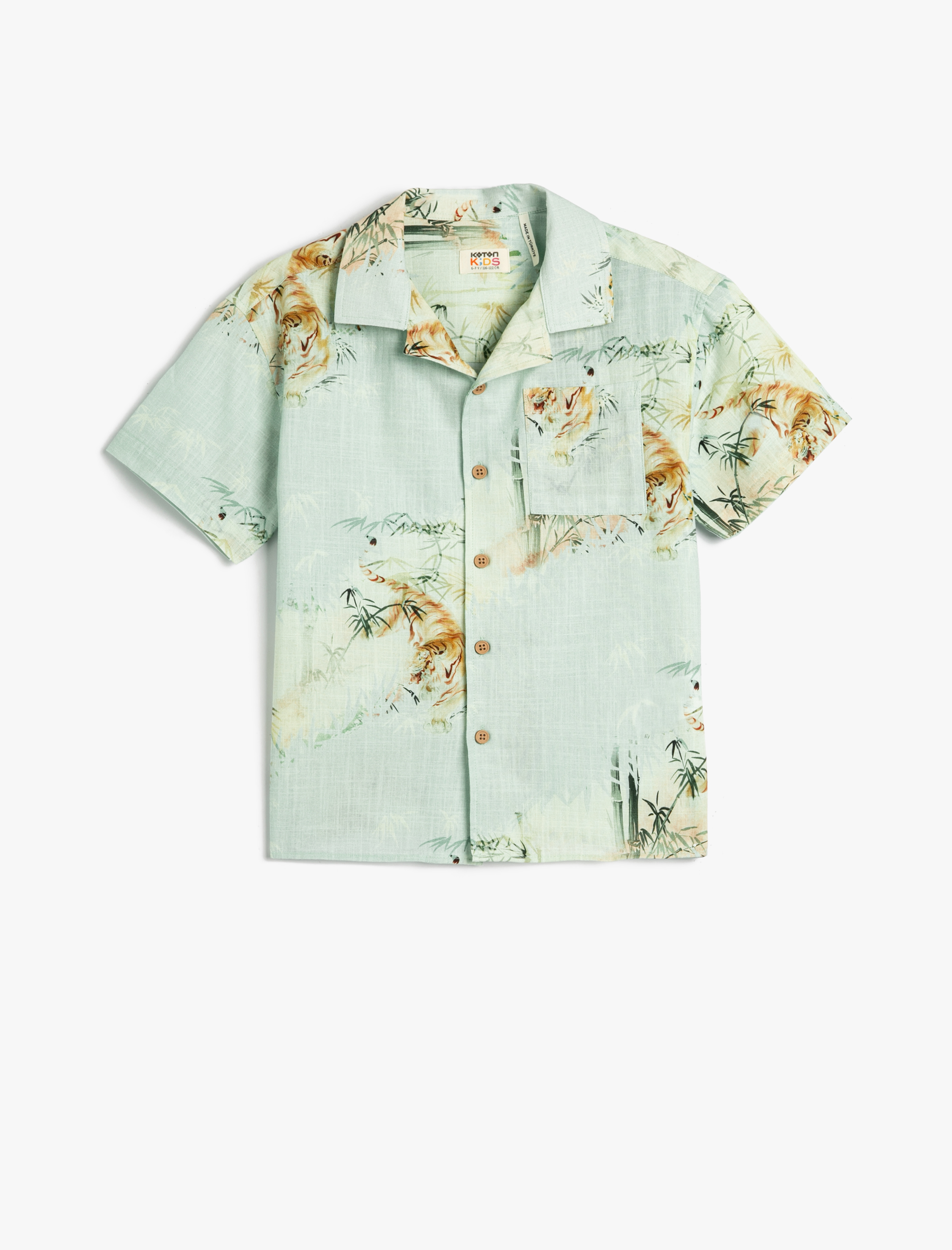  Erkek Çocuk Gömlek Kısa Kollu Kaplan Baskılı Cep Detaylı Pamuklu