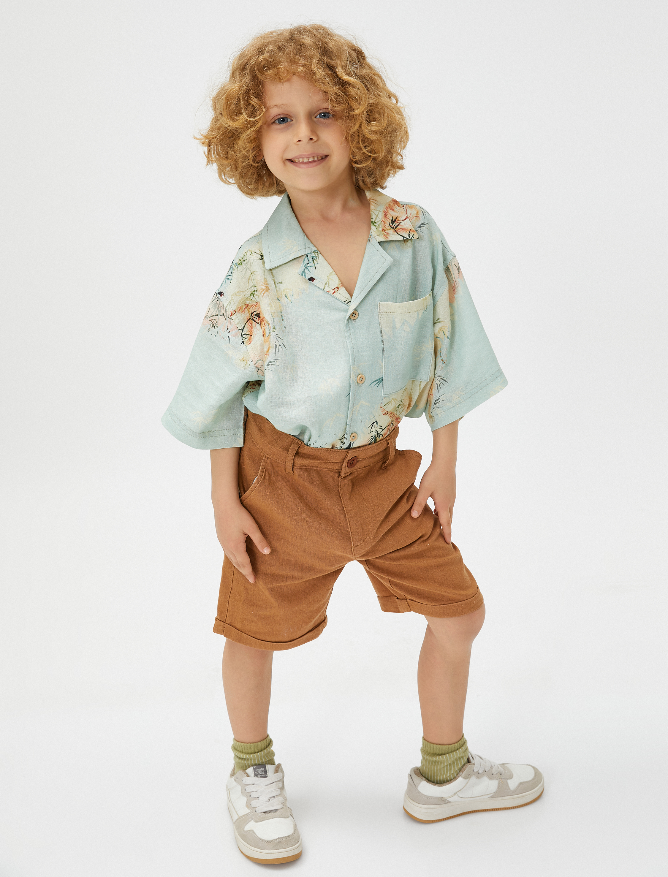  Erkek Çocuk Gömlek Kısa Kollu Kaplan Baskılı Cep Detaylı Pamuklu