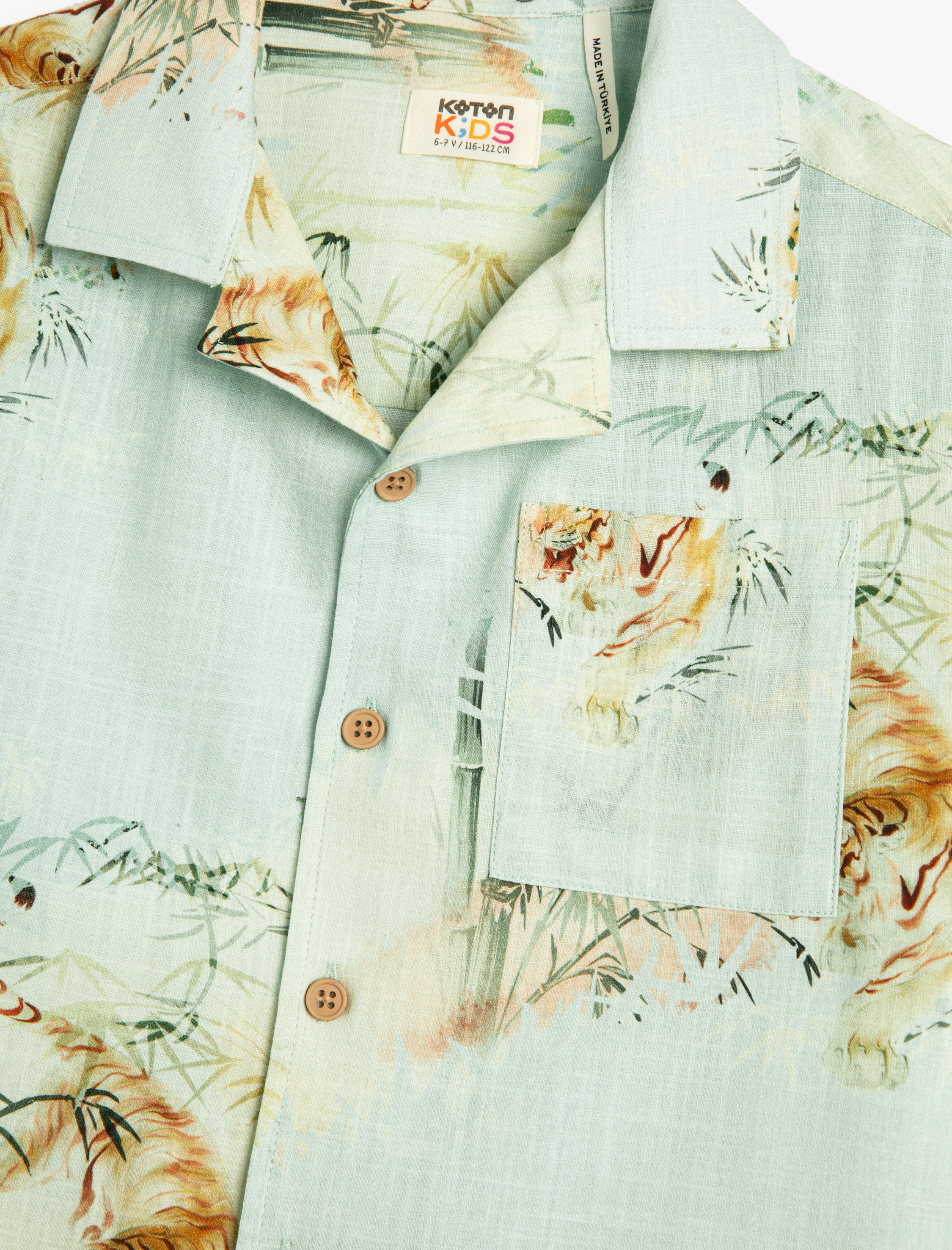  Erkek Çocuk Gömlek Kısa Kollu Kaplan Baskılı Cep Detaylı Pamuklu