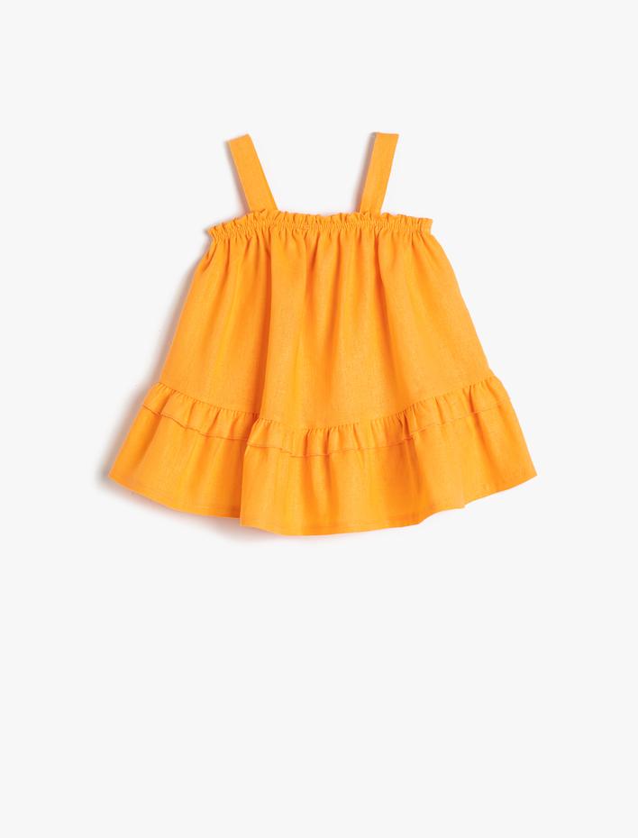 Kız Bebek Elbise Keten Karışımlı Fırfırlı Askılı