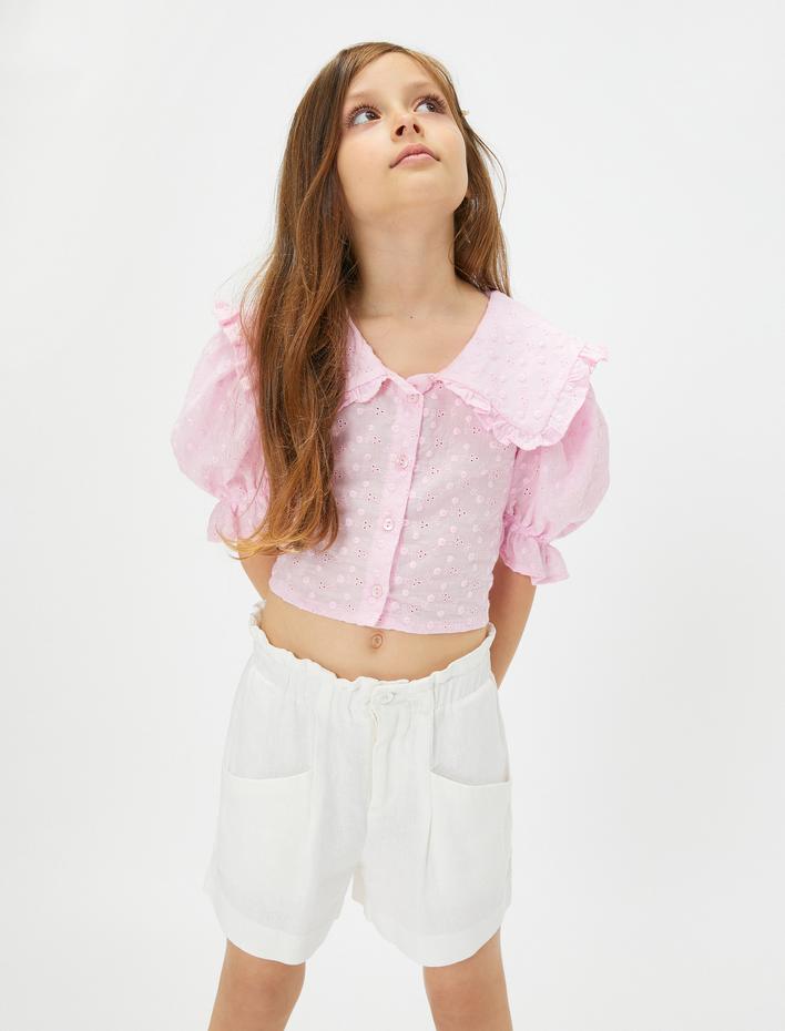 Kız Çocuk Keten Şort Beli Lastikli Cepli