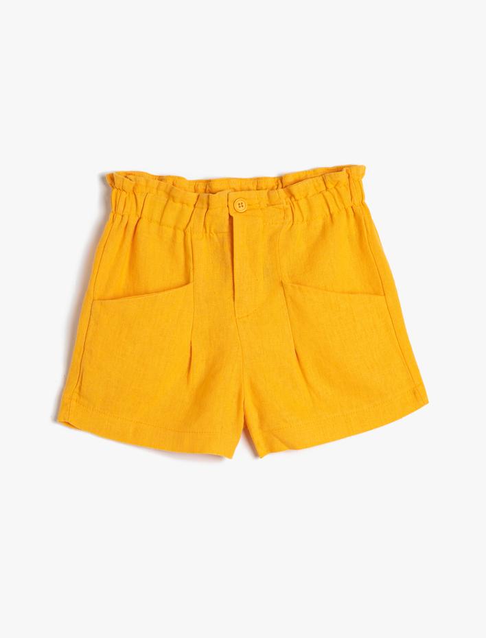 Kız Çocuk Keten Şort Beli Lastikli Cepli