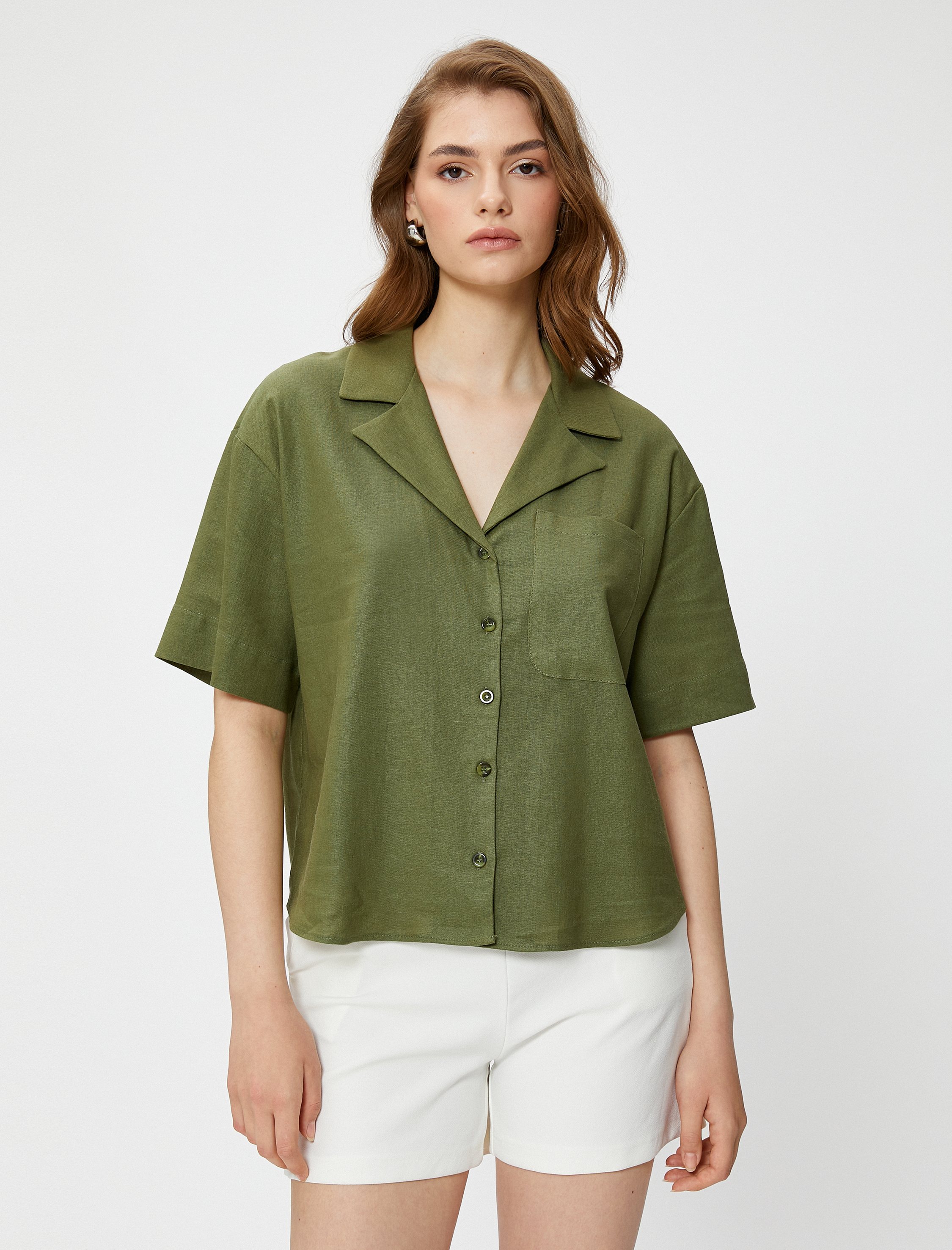   Keten Karışımlı Gömlek Kısa Kollu Relax Fit