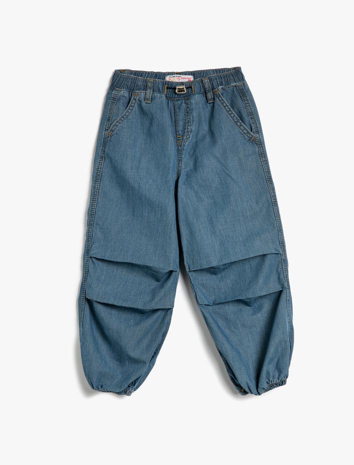 Kız Çocuk Paraşüt Kot Pantolon Pamuklu Beli Lastikli Cepli - Parachute Jean