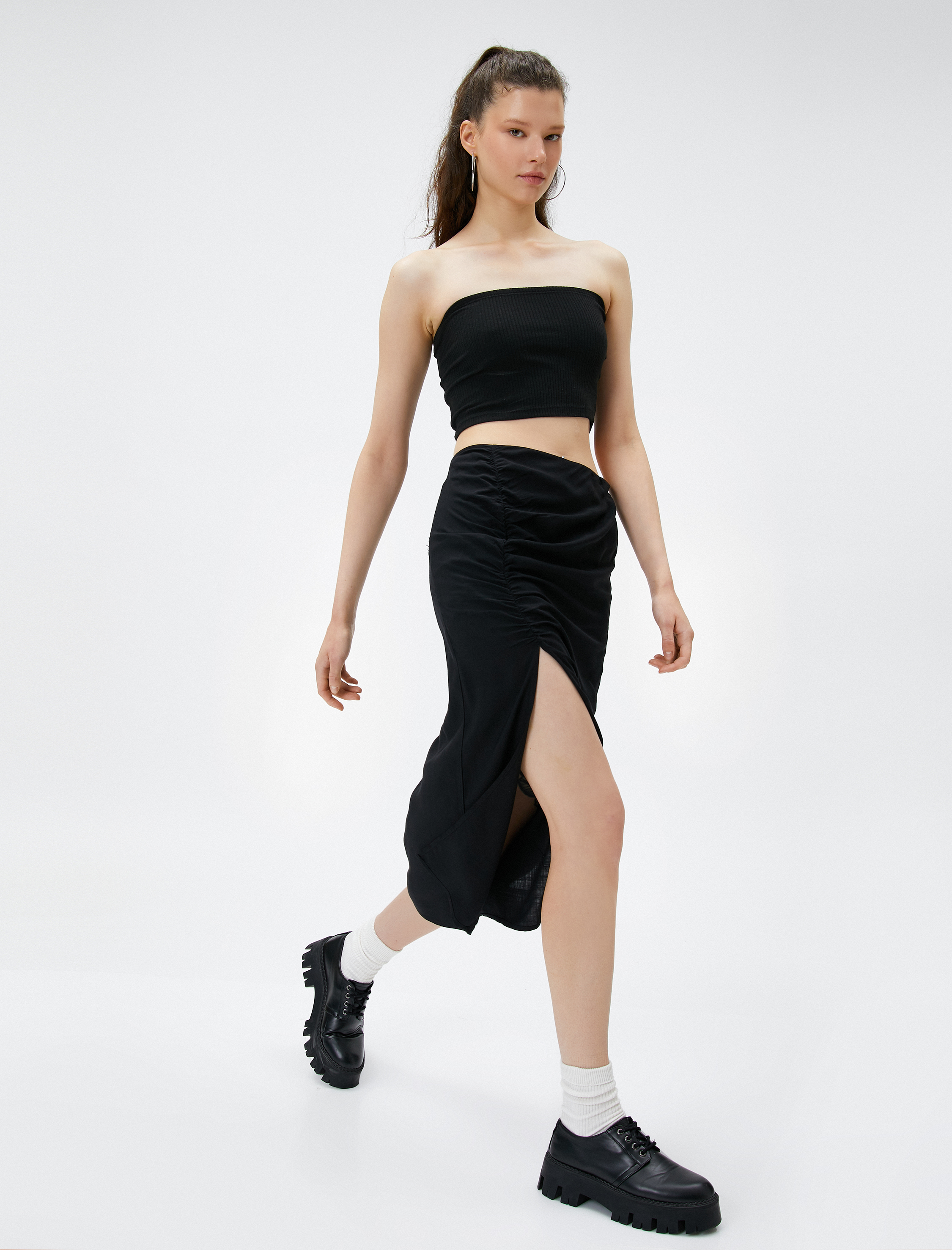   Midi Etek Büzgülü Yırtmaç Detaylı Yüksek Bel