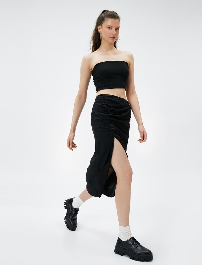  Midi Etek Büzgülü Yırtmaç Detaylı Yüksek Bel