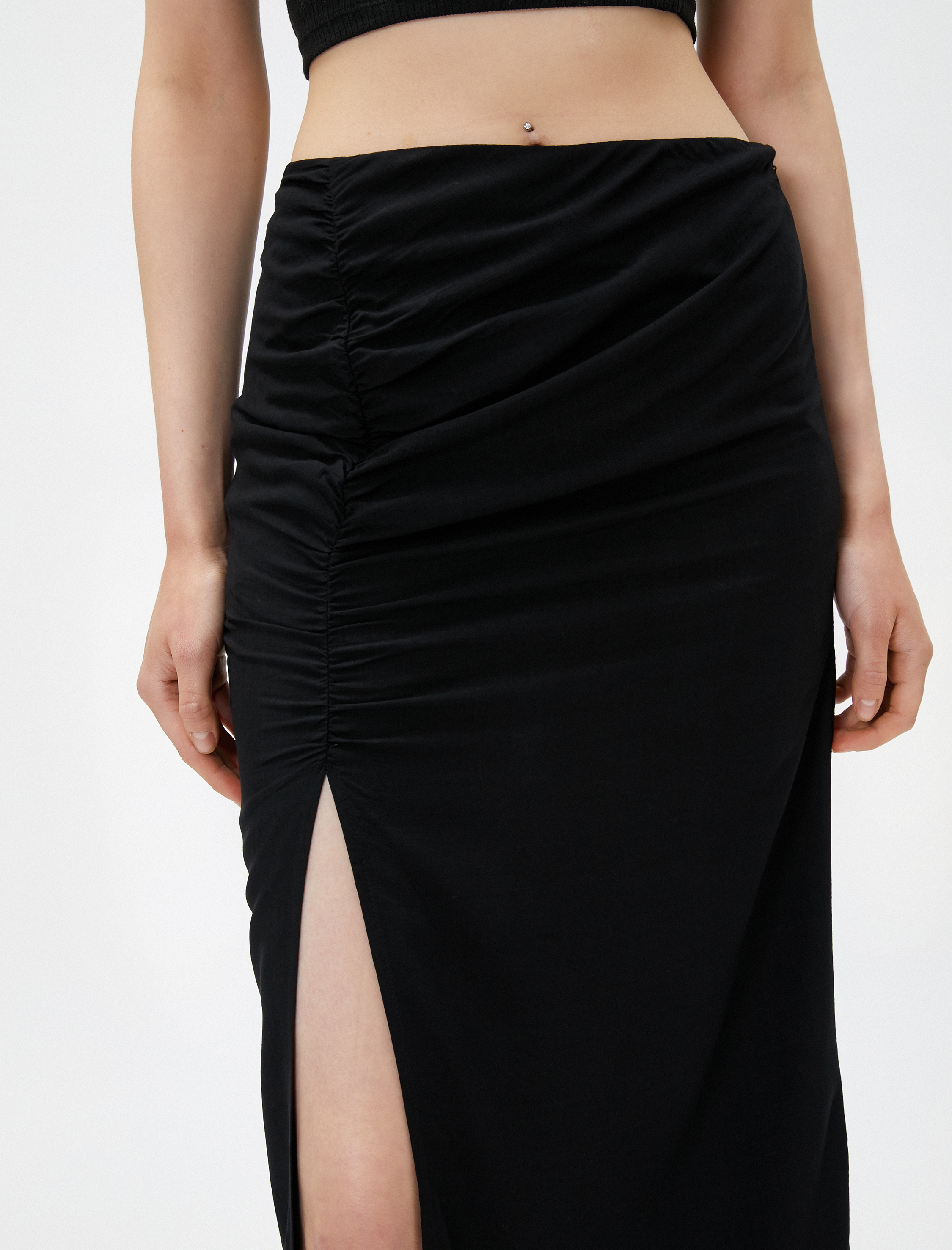   Midi Etek Büzgülü Yırtmaç Detaylı Yüksek Bel