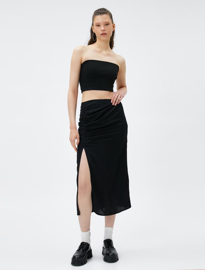  Midi Etek Büzgülü Yırtmaç Detaylı Yüksek Bel