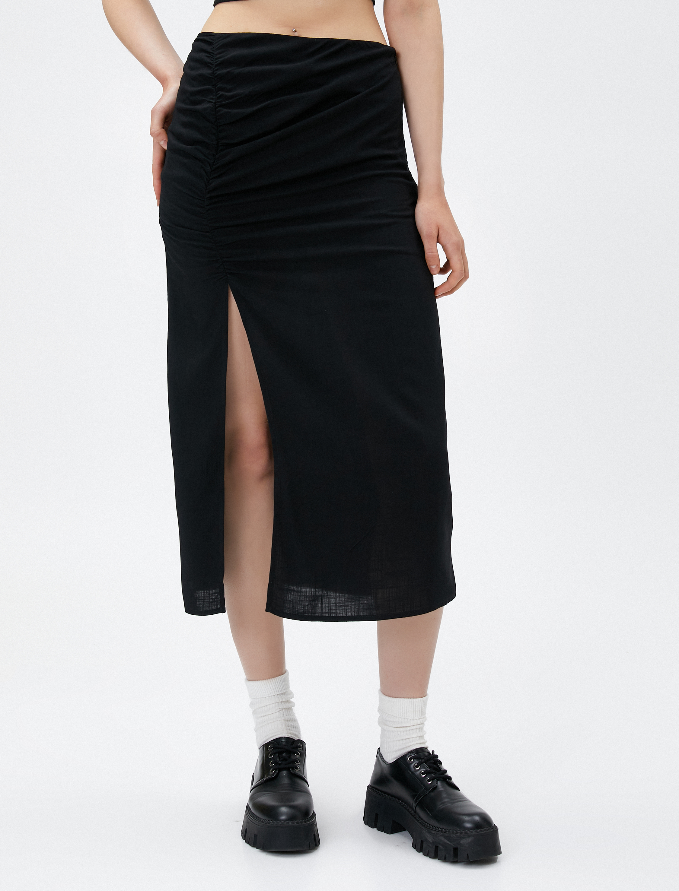   Midi Etek Büzgülü Yırtmaç Detaylı Yüksek Bel