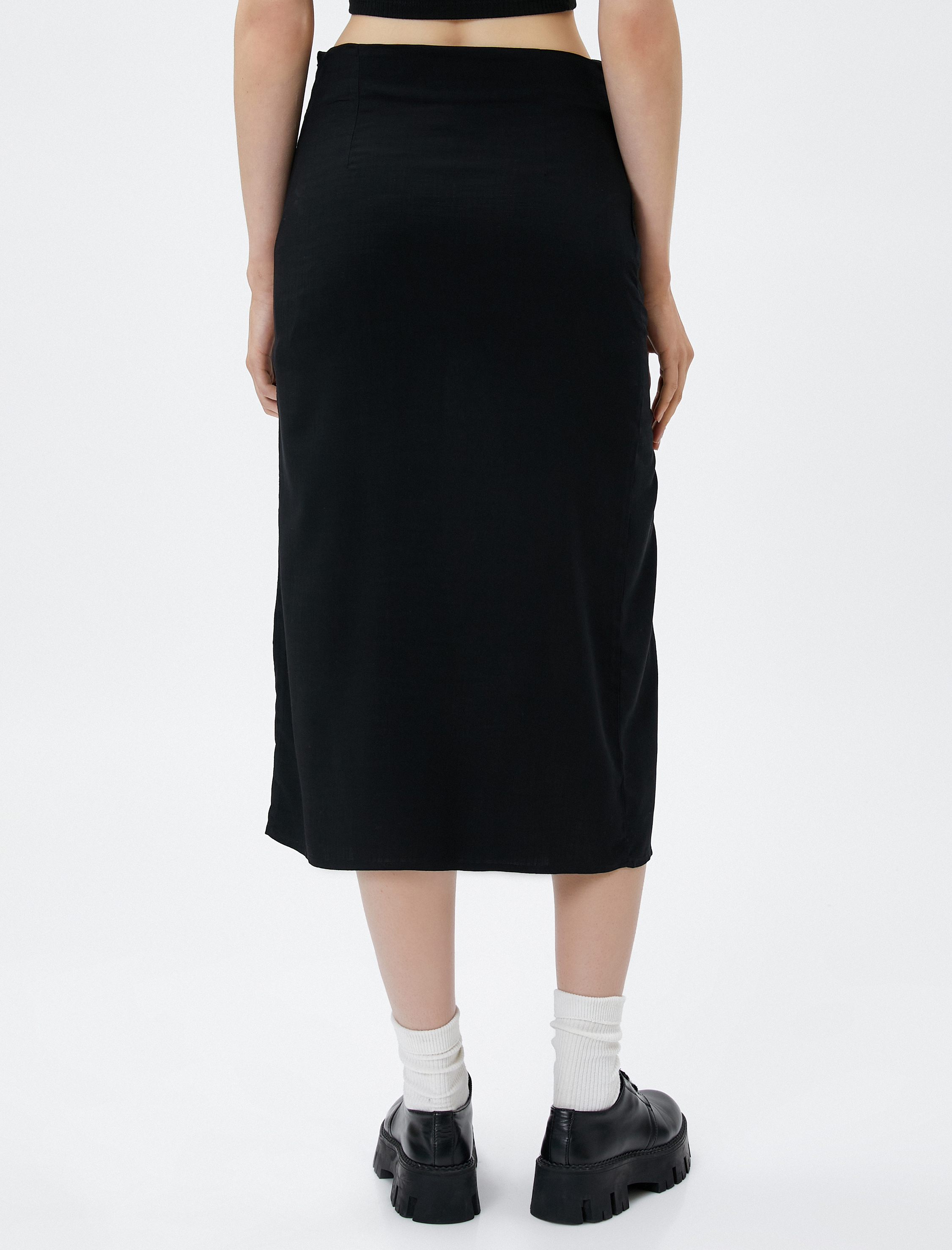   Midi Etek Büzgülü Yırtmaç Detaylı Yüksek Bel