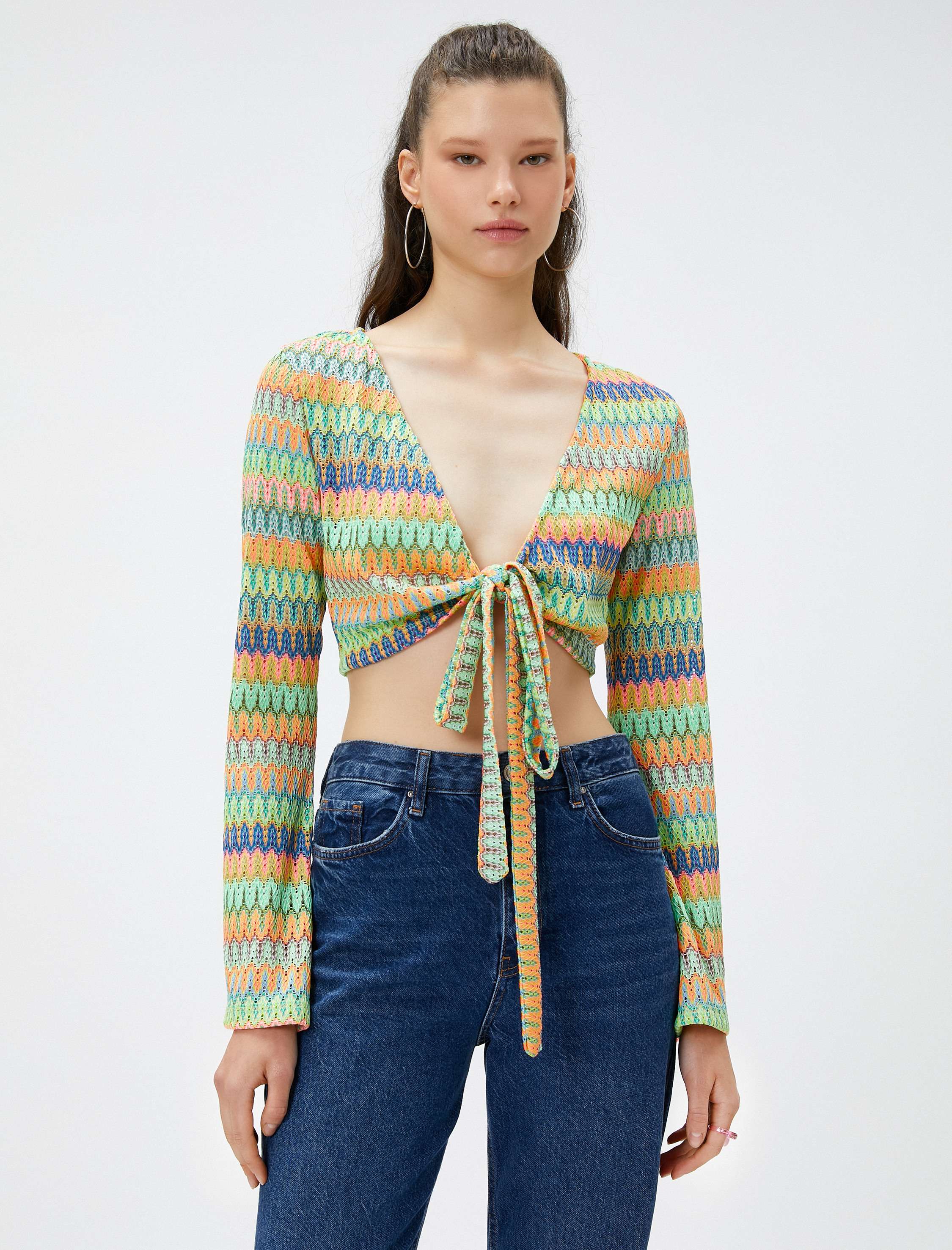   Kroşe Tişört Uzun Kollu Önden Bağlamalı V Yaka