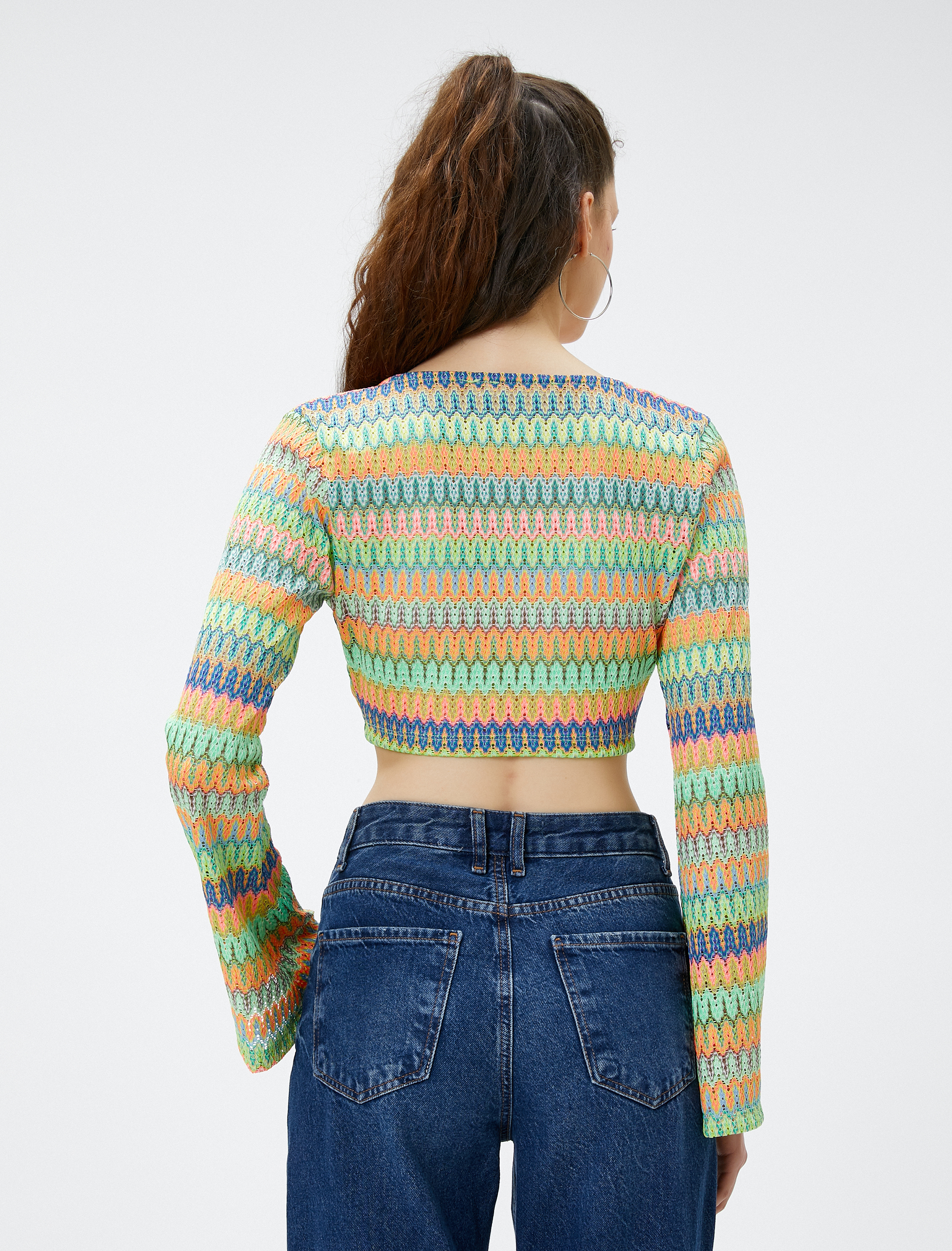   Kroşe Tişört Uzun Kollu Önden Bağlamalı V Yaka