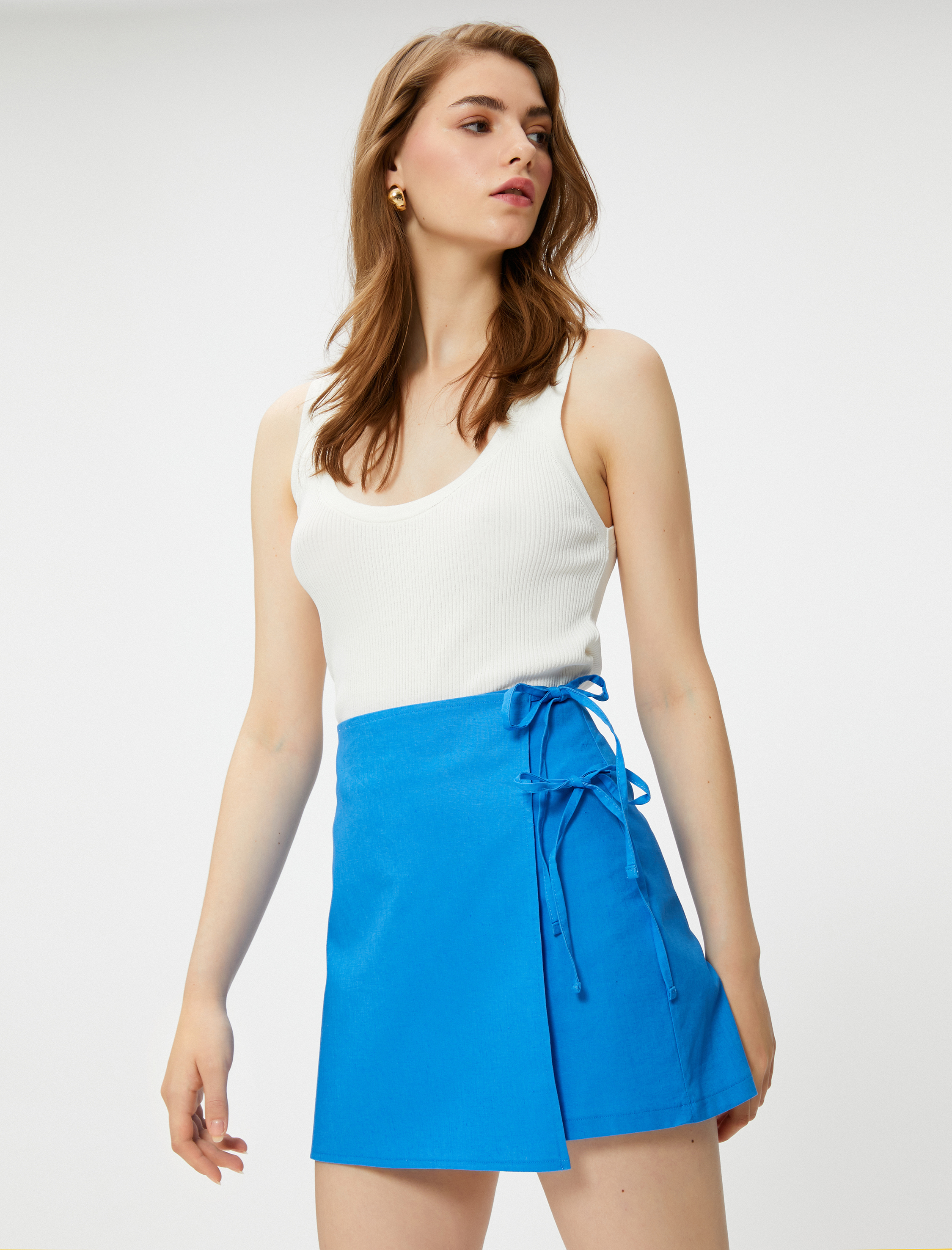   Mini Keten Şort Etek Bağlama Detaylı