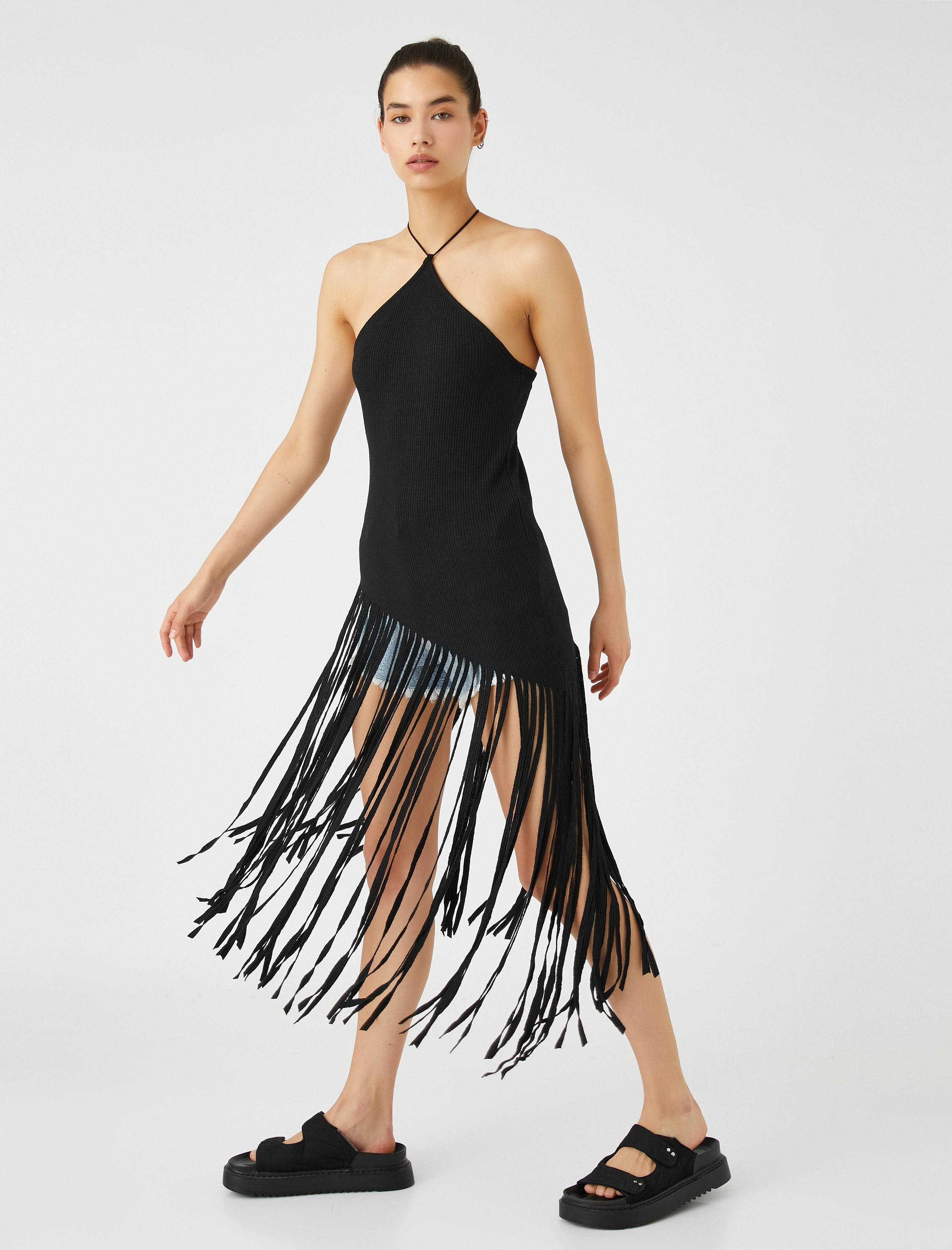   Halter Yaka Bluz Püsküllü Asimetrik Kesim Fitilli