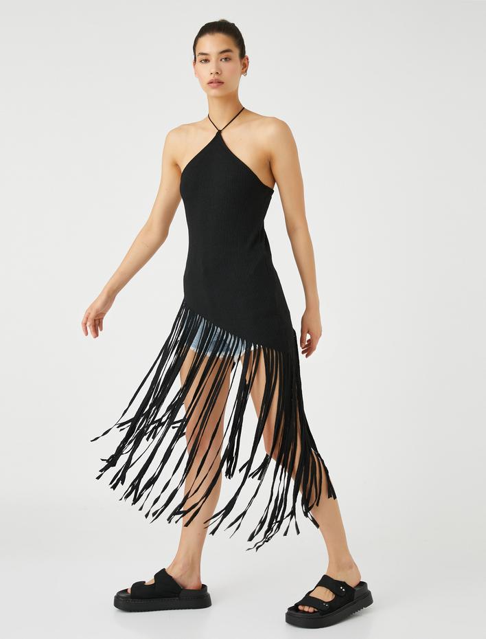  Halter Yaka Bluz Püsküllü Asimetrik Kesim Fitilli