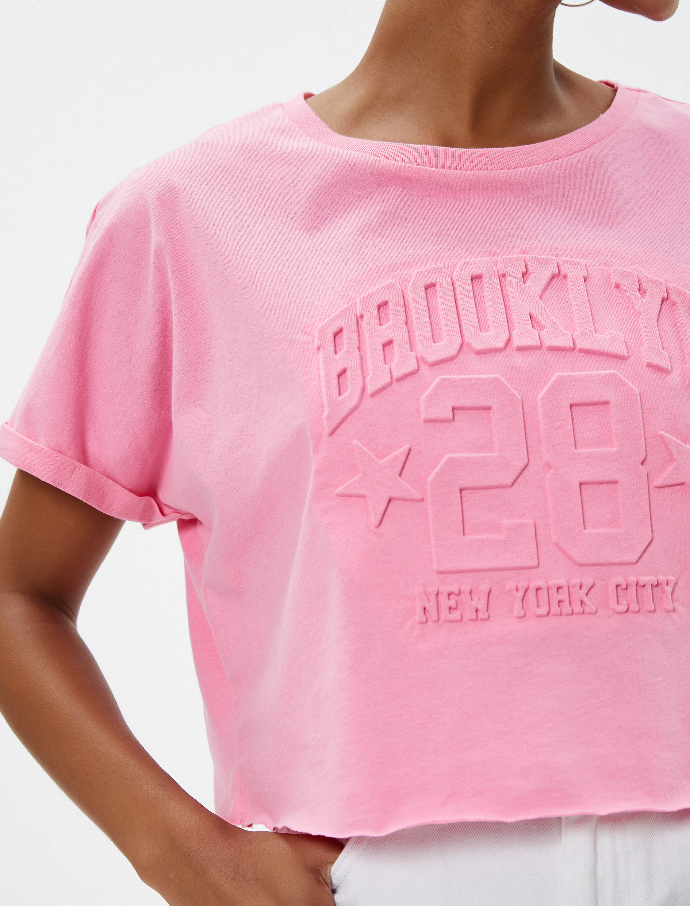   Kolej Tişört Slogan Kabartmalı Bisiklet Yaka Kısa Kollu