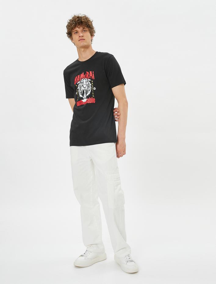  Uzakdoğu Baskılı Tişört Bisiklet Yaka Dar Kesim Pamuklu