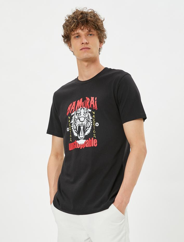  Uzakdoğu Baskılı Tişört Bisiklet Yaka Dar Kesim Pamuklu