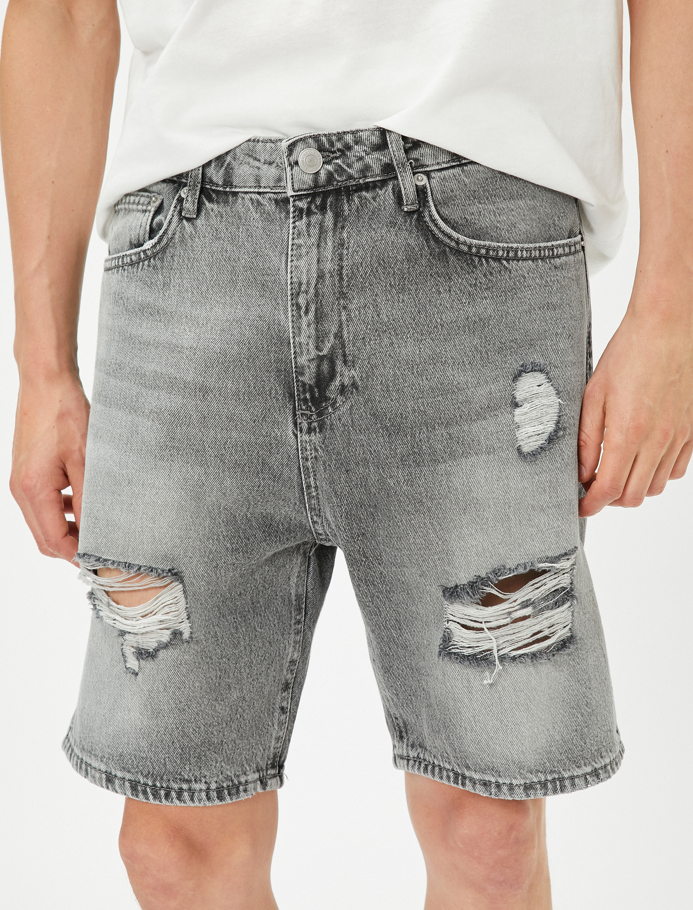   Yırtık Kot Şort Düğmeli Cepli Pamuklu