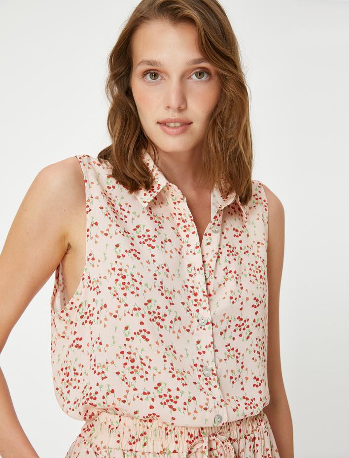  Çiçekli Gömlek Düğmeli Kolsuz Viskon Karışımlı