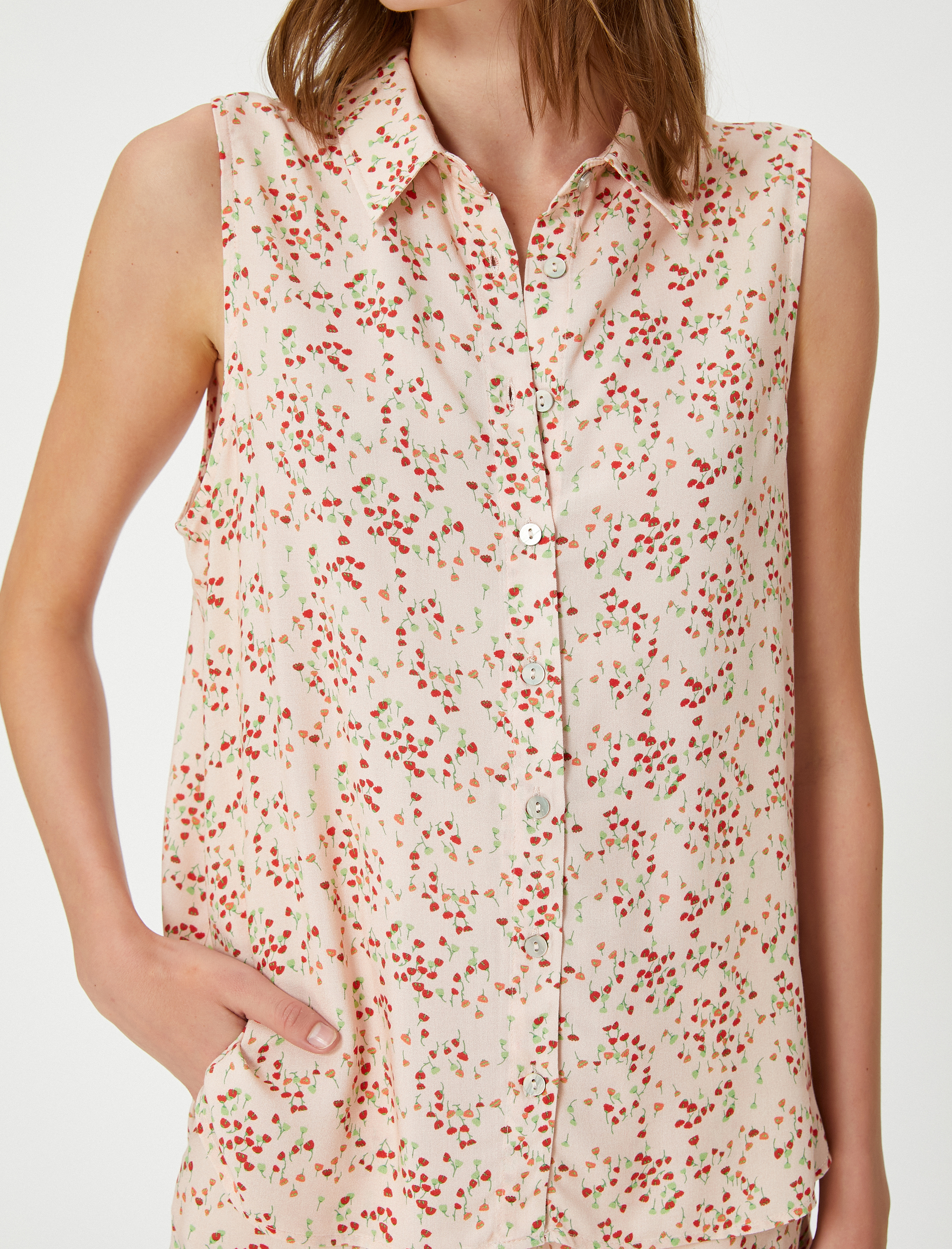   Çiçekli Gömlek Düğmeli Kolsuz Viskon Karışımlı