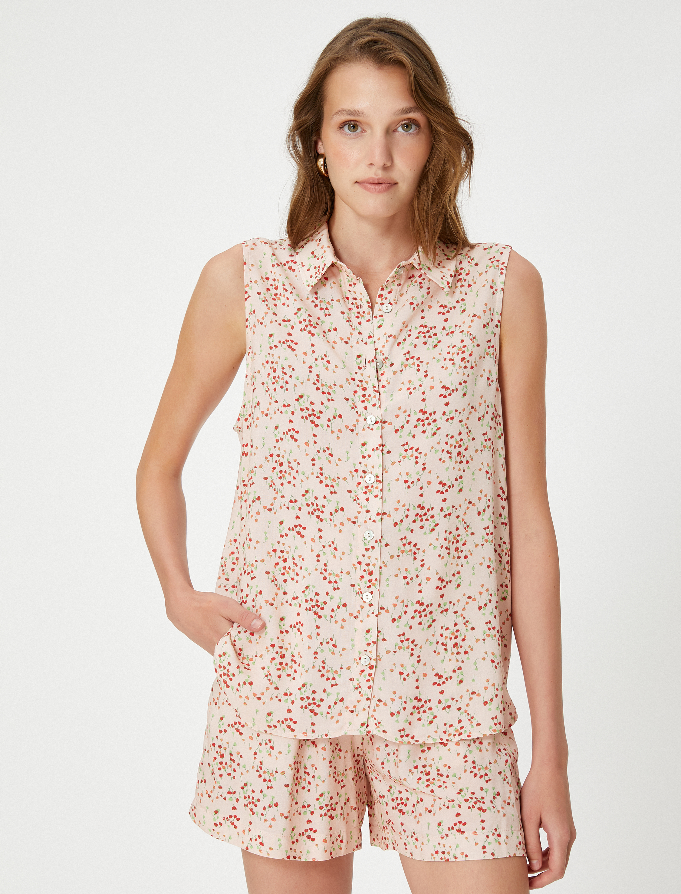   Çiçekli Gömlek Düğmeli Kolsuz Viskon Karışımlı