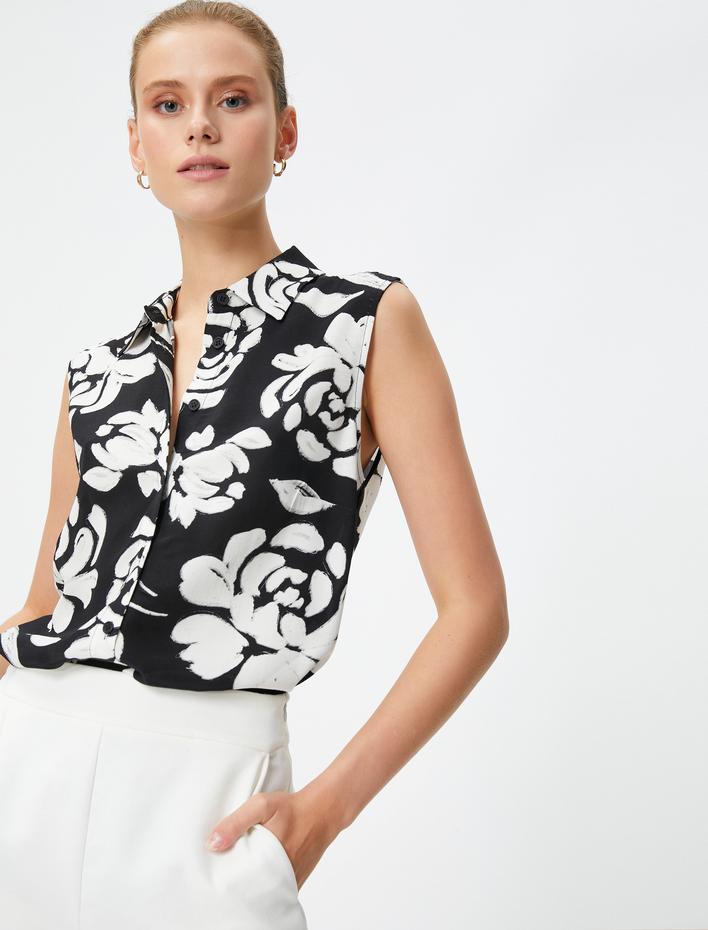  Çiçekli Gömlek Kolsuz Düğmeli Viskon