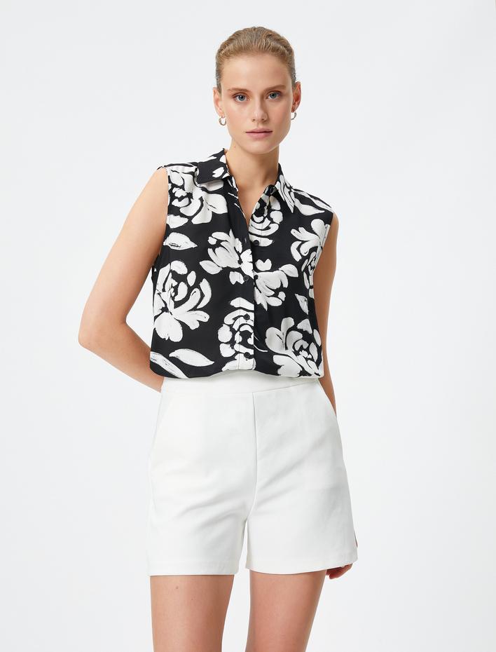  Çiçekli Gömlek Kolsuz Düğmeli Viskon