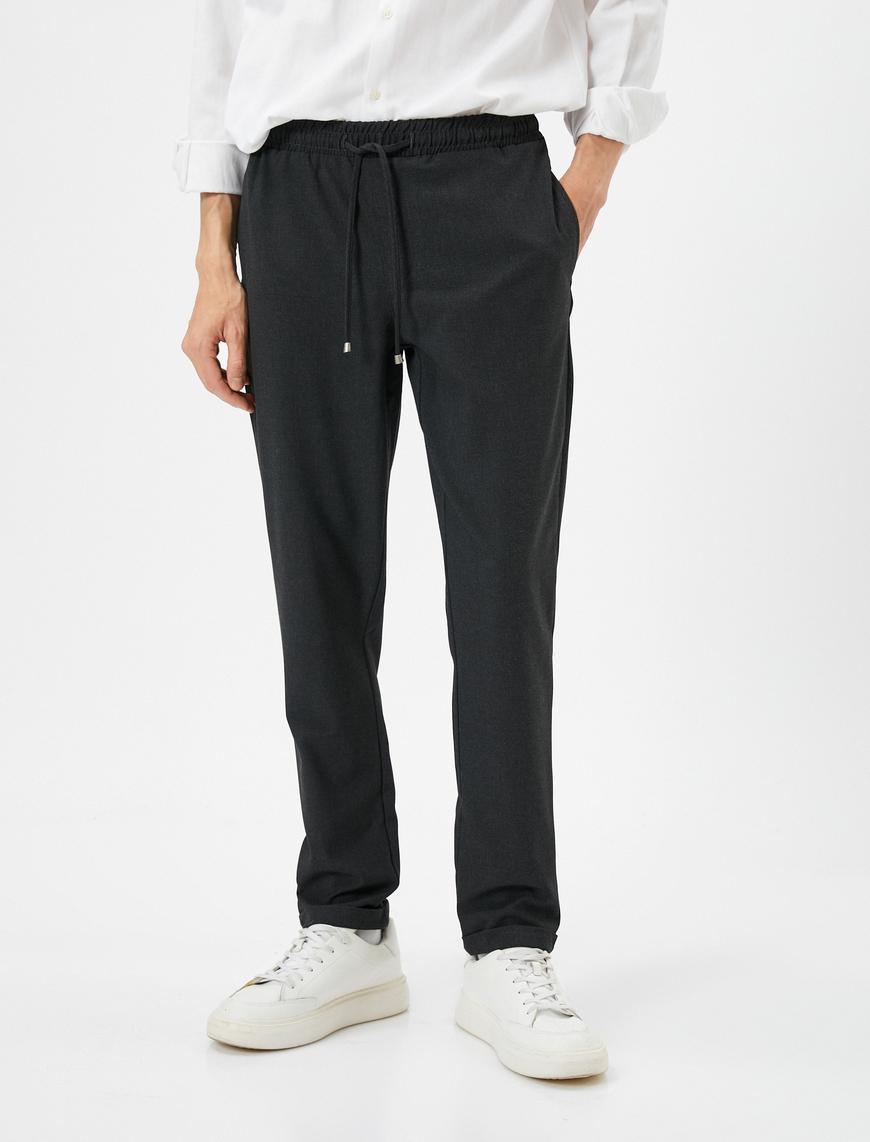   Kumaş Pantolon Slim Fit Beli Bağcıklı Dar Paça Cepli