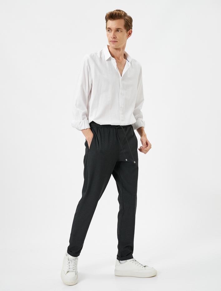  Kumaş Pantolon Slim Fit Beli Bağcıklı Dar Paça Cepli