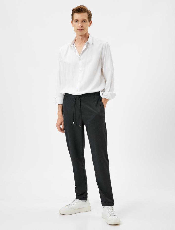 Kumaş Pantolon Slim Fit Beli Bağcıklı Dar Paça Cepli