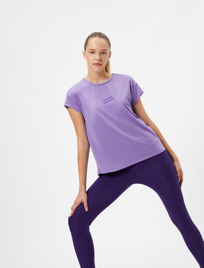  Spor Tişört Slogan Baskılı Sırtı Pencere Detaylı Kısa Kollu