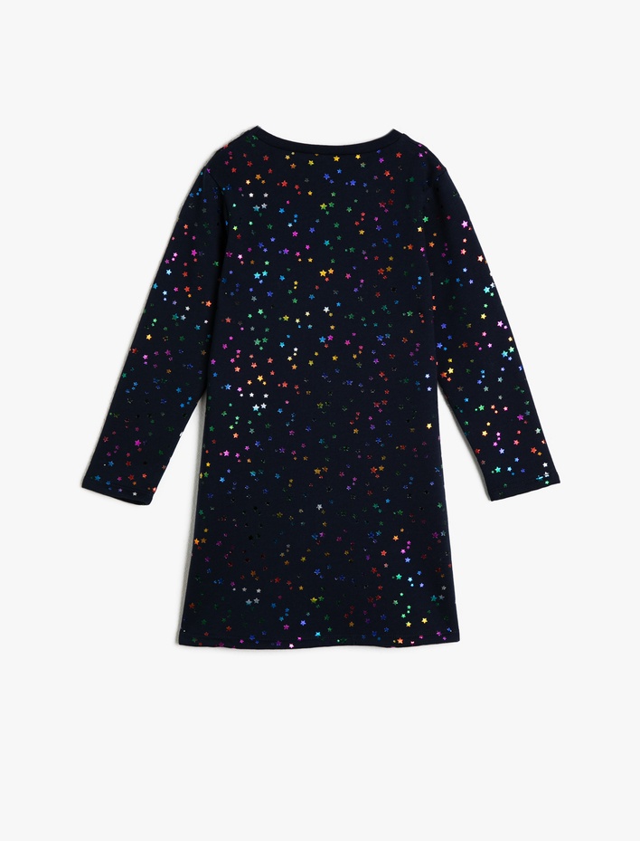 Kız Çocuk Parlak Desenli Kalın Sweatshirt Kumaşından Uzun Kollu Orta Boy Elbise
