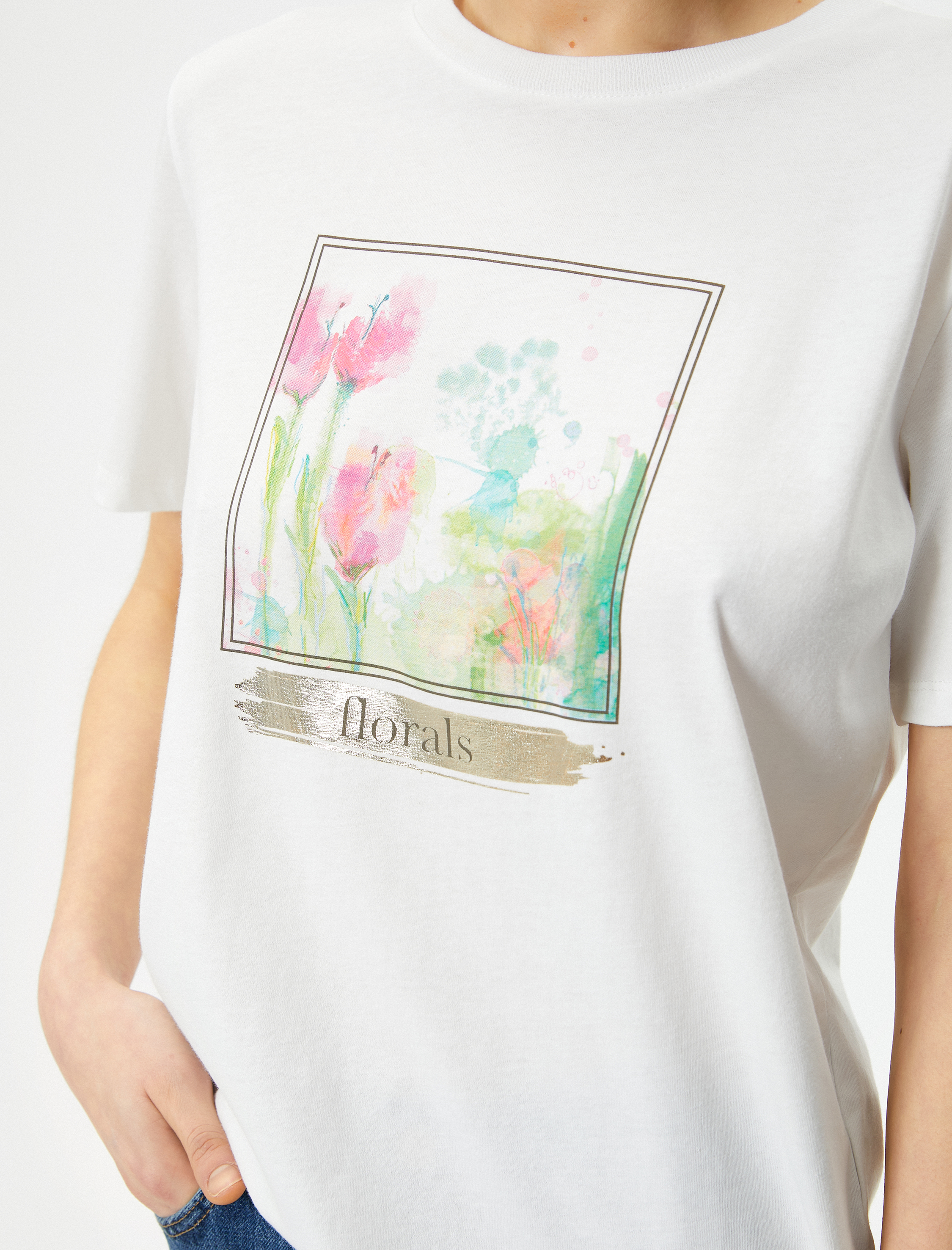   Baskılı Tişört Bisiklet Yaka Kısa Kollu Pamuklu