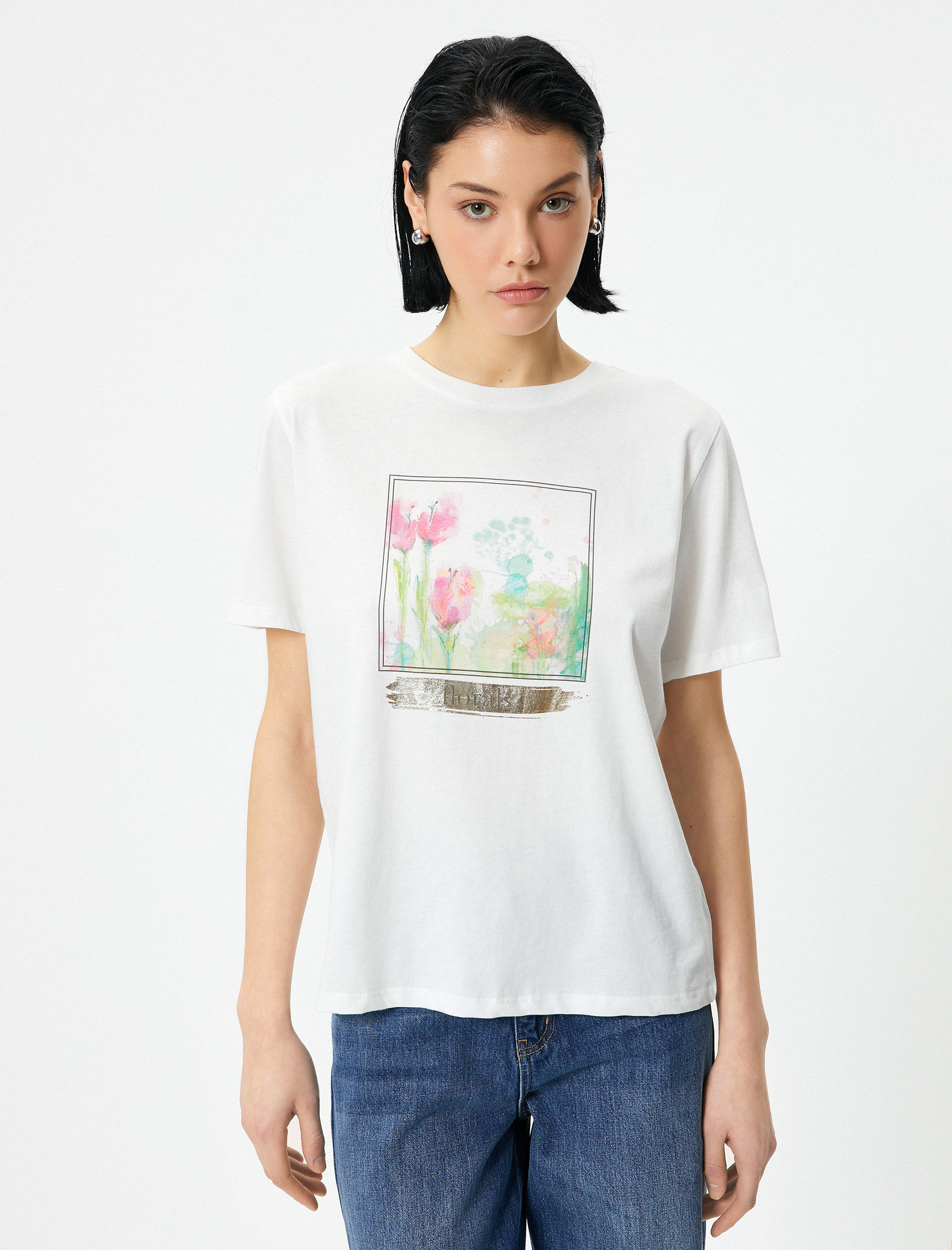   Baskılı Tişört Bisiklet Yaka Kısa Kollu Pamuklu