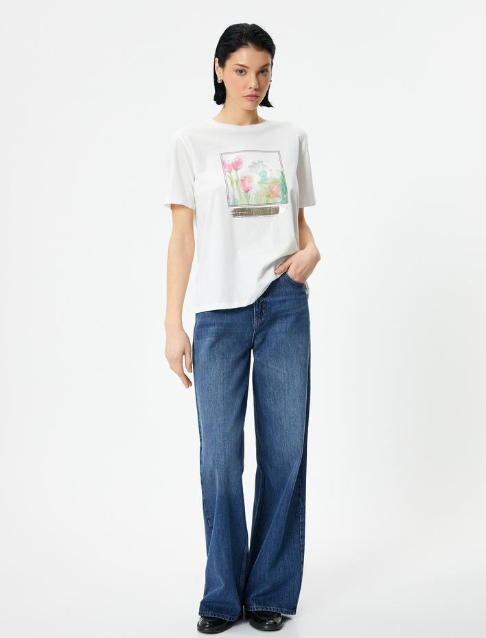  Baskılı Tişört Bisiklet Yaka Kısa Kollu Pamuklu