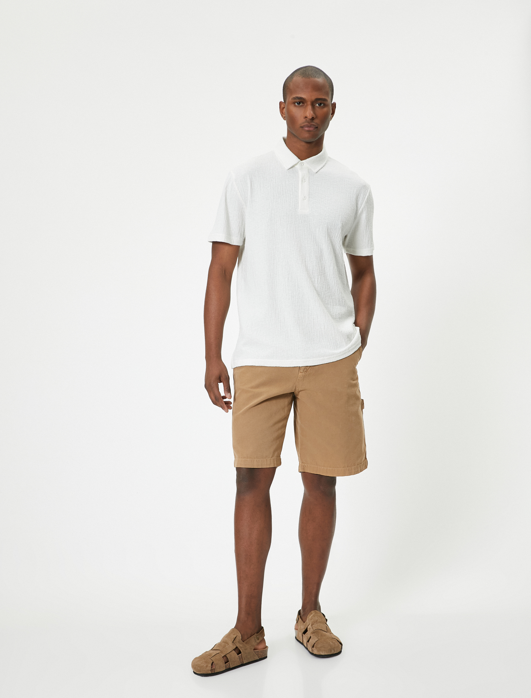   Polo Yaka Tişört Düğmeli Dokulu Pamuklu Kısa Kollu