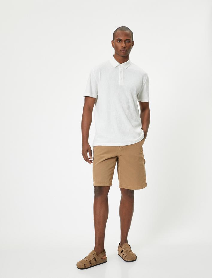  Polo Yaka Tişört Düğmeli Dokulu Pamuklu Kısa Kollu