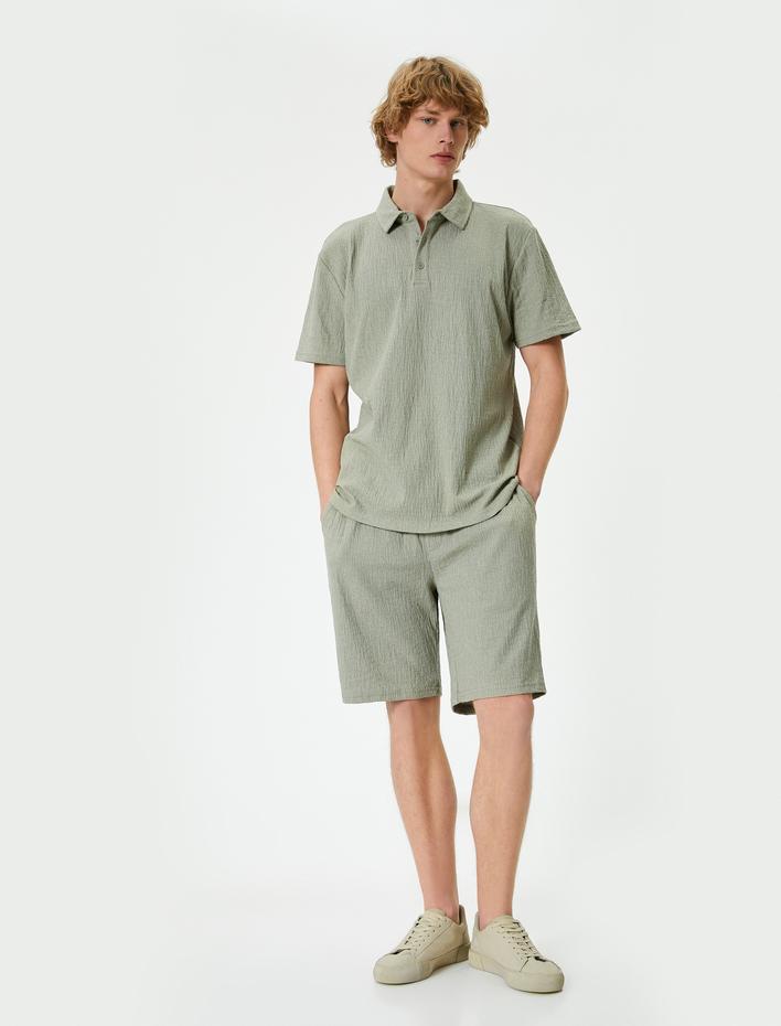  Polo Yaka Tişört Düğmeli Dokulu Pamuklu Kısa Kollu